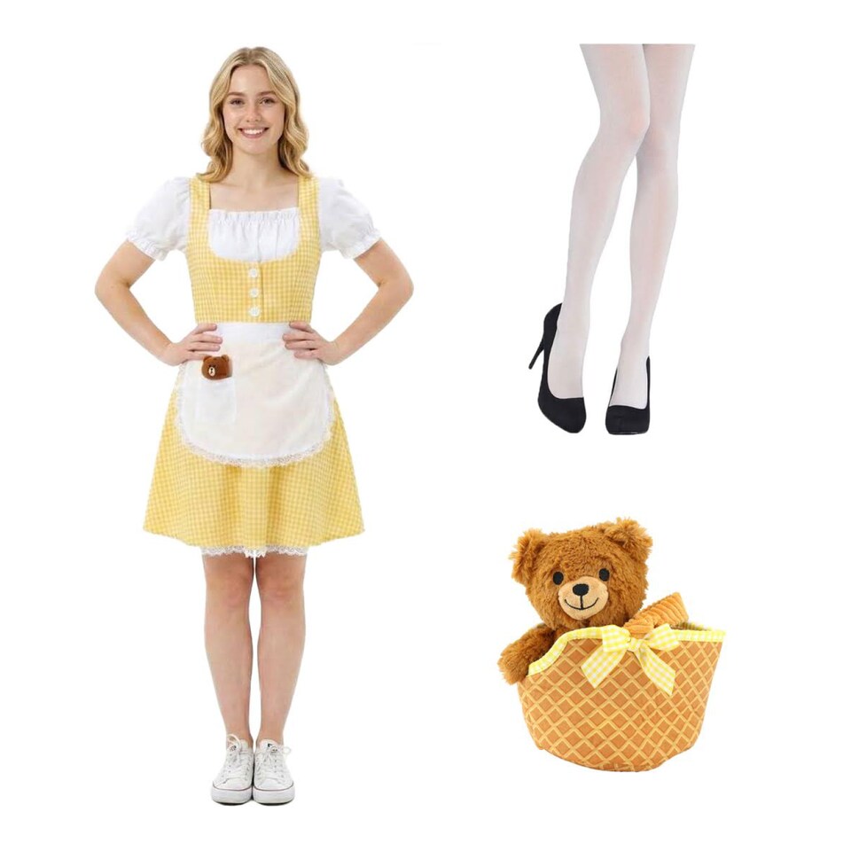 image 1 of Goldilocks Costume - Dress, Tights, Soft Basket & Bear | Multi | 2XL
