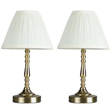 ValueLights Pair Of Vintage Antique Brass Touch Table Lamps With Pleated Cream Shades
