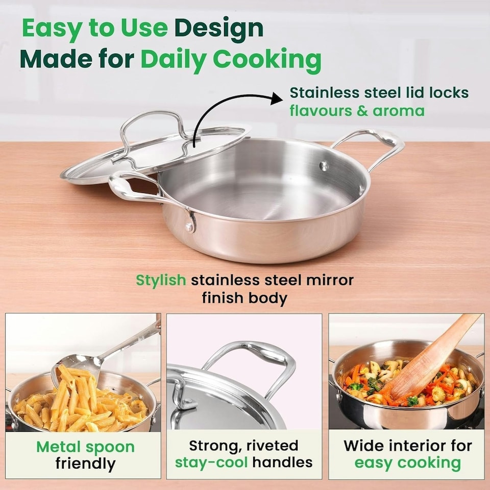 image 1 of Triply Stainless Steel Saute Pan 20cm, Nonstick 3-Layer Construction, Induction Compatible, with Steel Lid