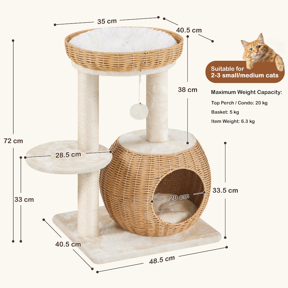 image 1 of Yaheetech 72cm Rattan Cat Tree with Sisal Scratching Post, Wicker Condo, Basket and Removable Soft Cushion, Cat Furniture for Small and Medium Cats, Beige