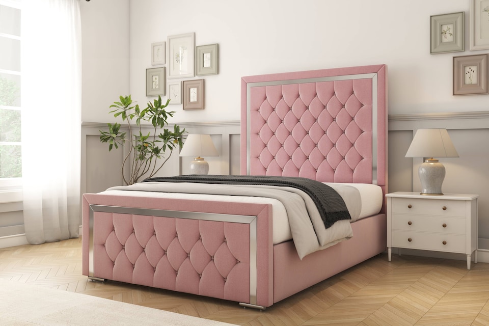 image 1 of Sloomy Sofia Chrome Pink Plush Bed Frame With Mattress With 50" Upholstered Headboard 4'6 Double