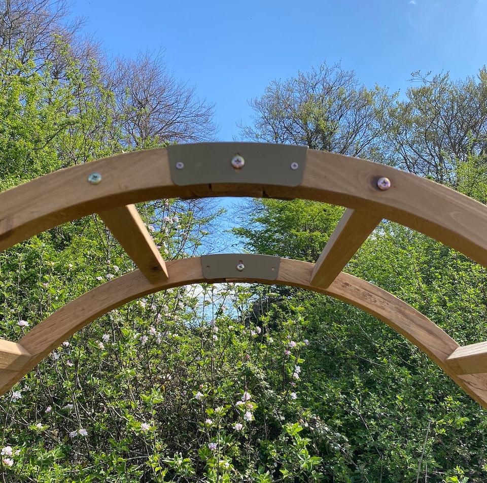 image 1 of Wooden Garden Arch (Tan) with Ground Spikes