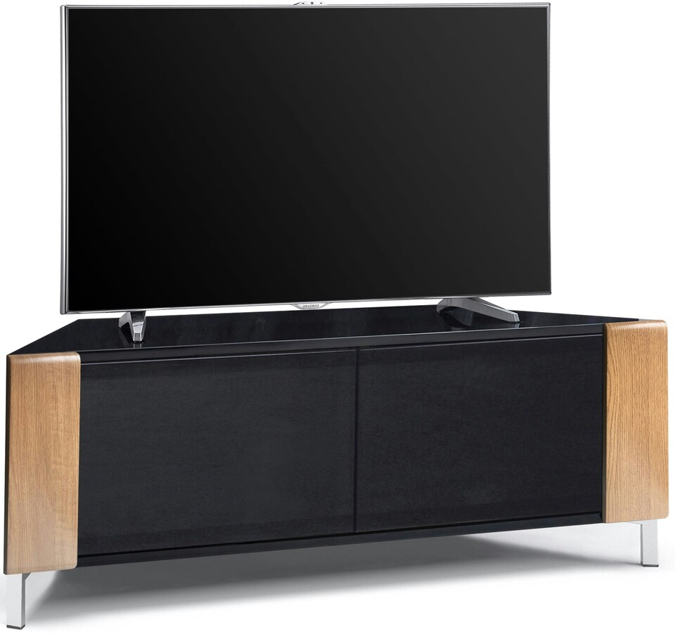 image 1 of MDA Designs CORVUS Corner-Friendly Gloss Black Contemporary Cabinet with Oak Profiles Black BeamThru Glass Doors Suitable for Flat Screen TVs up to 50" | Multi | 1