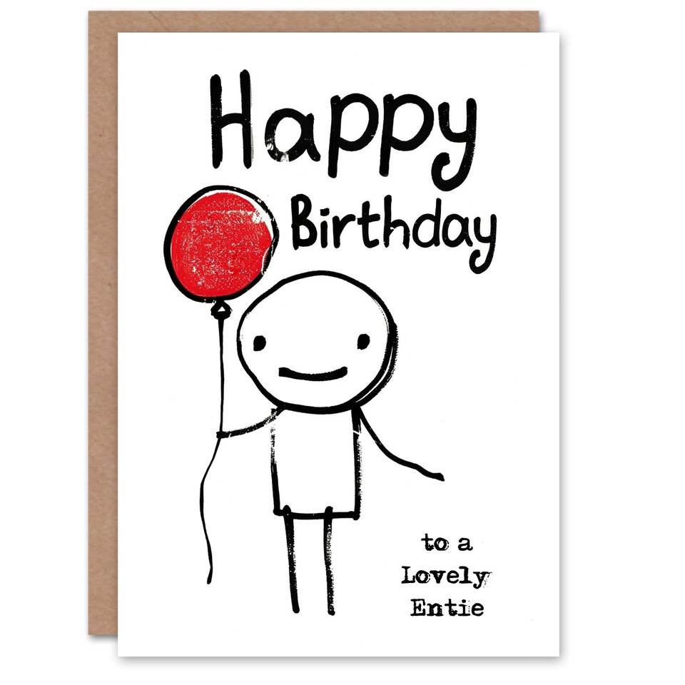 image 1 of Lovely Entie Stick Figure Red Balloon Simple Birthday Card