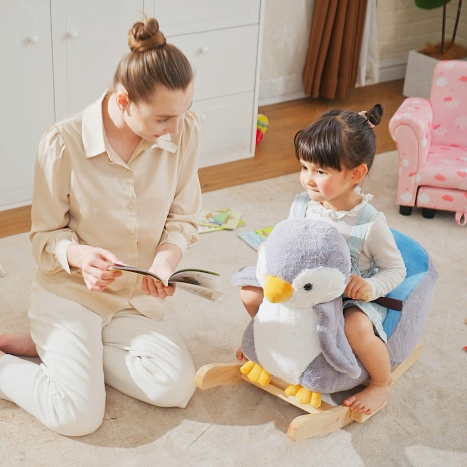 image 1 of HOMCOM Animal Baby Rocking Horse Penguin Plush Musical Button w/32 Songs Wood