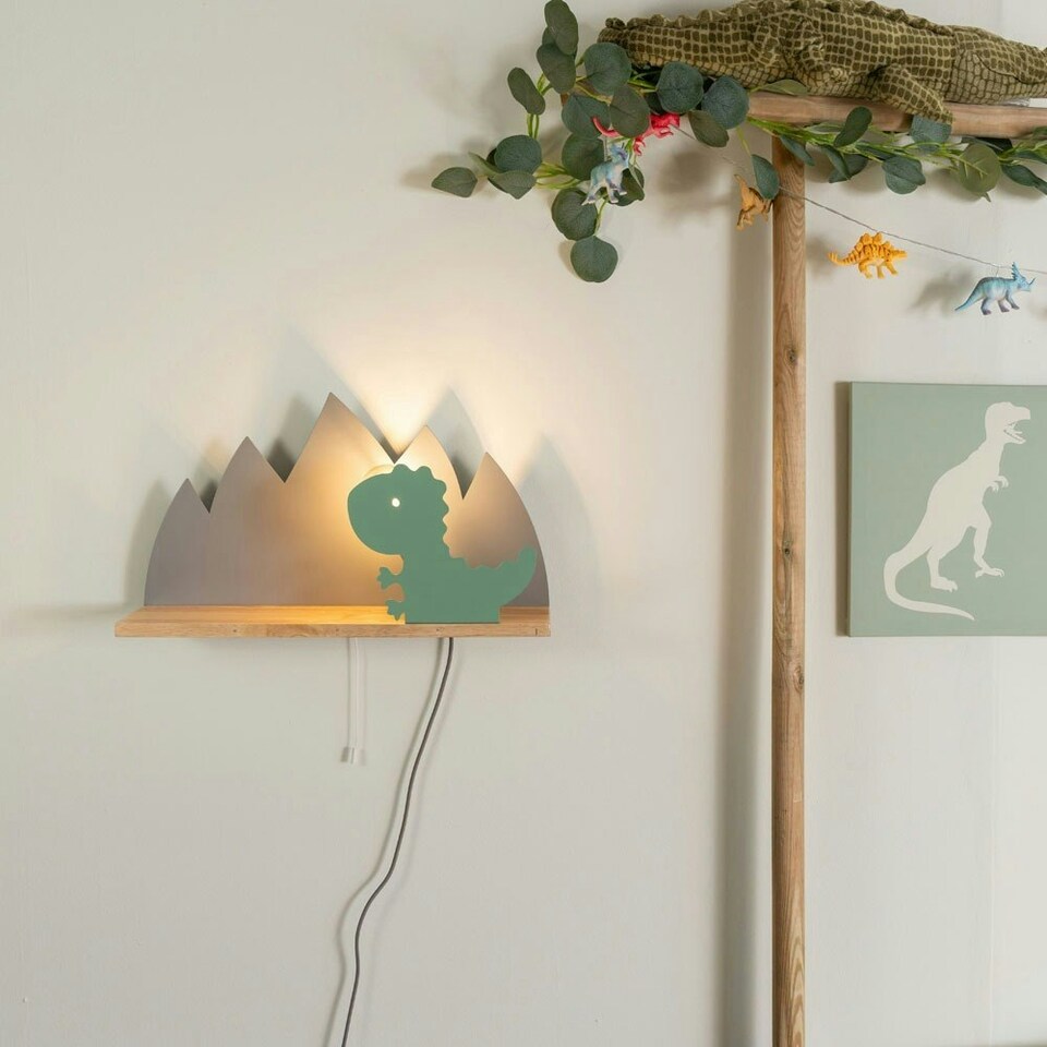 image 1 of ValueLights Kids Green and Grey Dinosaur Design Plug in Wall Light with Shelf and Pull Cord Switch - Including Bulb