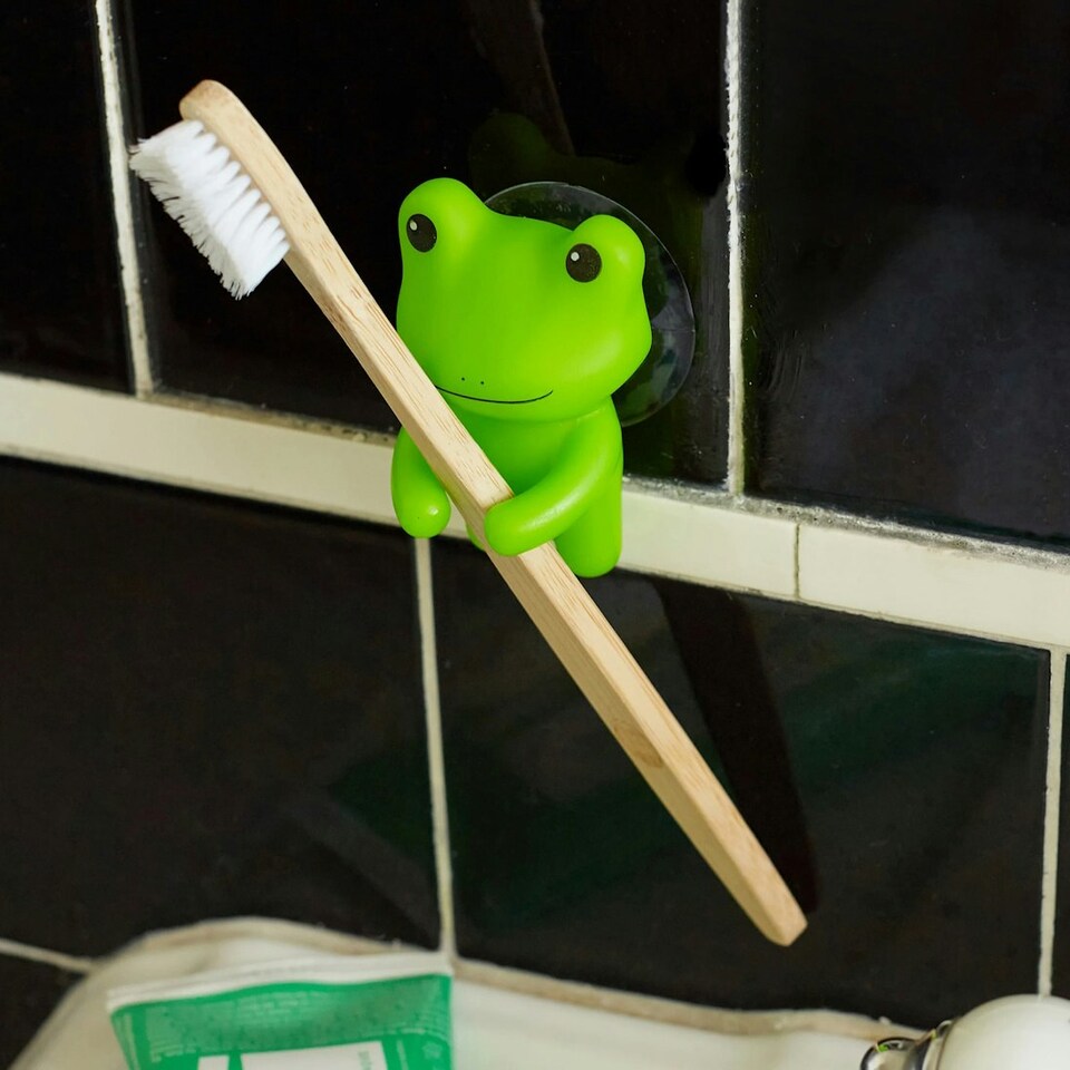 image 1 of Kikkerland Toothbrush Holder Suction Wall Mounted Frog
