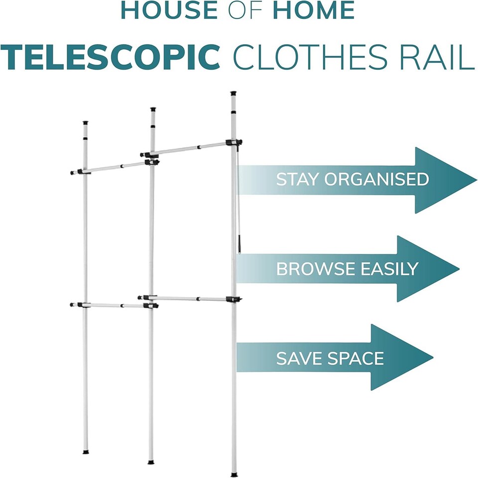 image 1 of House of Home Telescopic Double Rail Clothes Wardrobe Organise Hanging Rack Adjustable Storage | White | Not provided