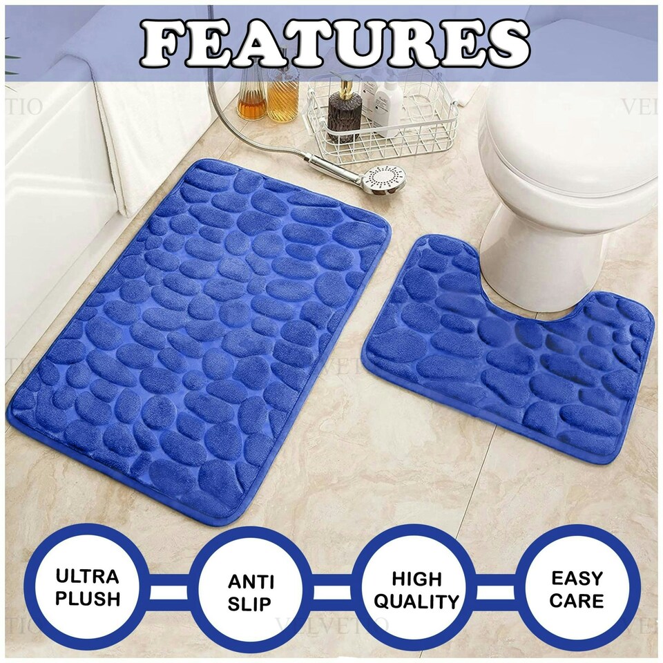 image 1 of VELVETIO 2Pc Pebble Bath Mat Set Memory Foam Bathroom Toilet Rugs Blue | Royal Blue