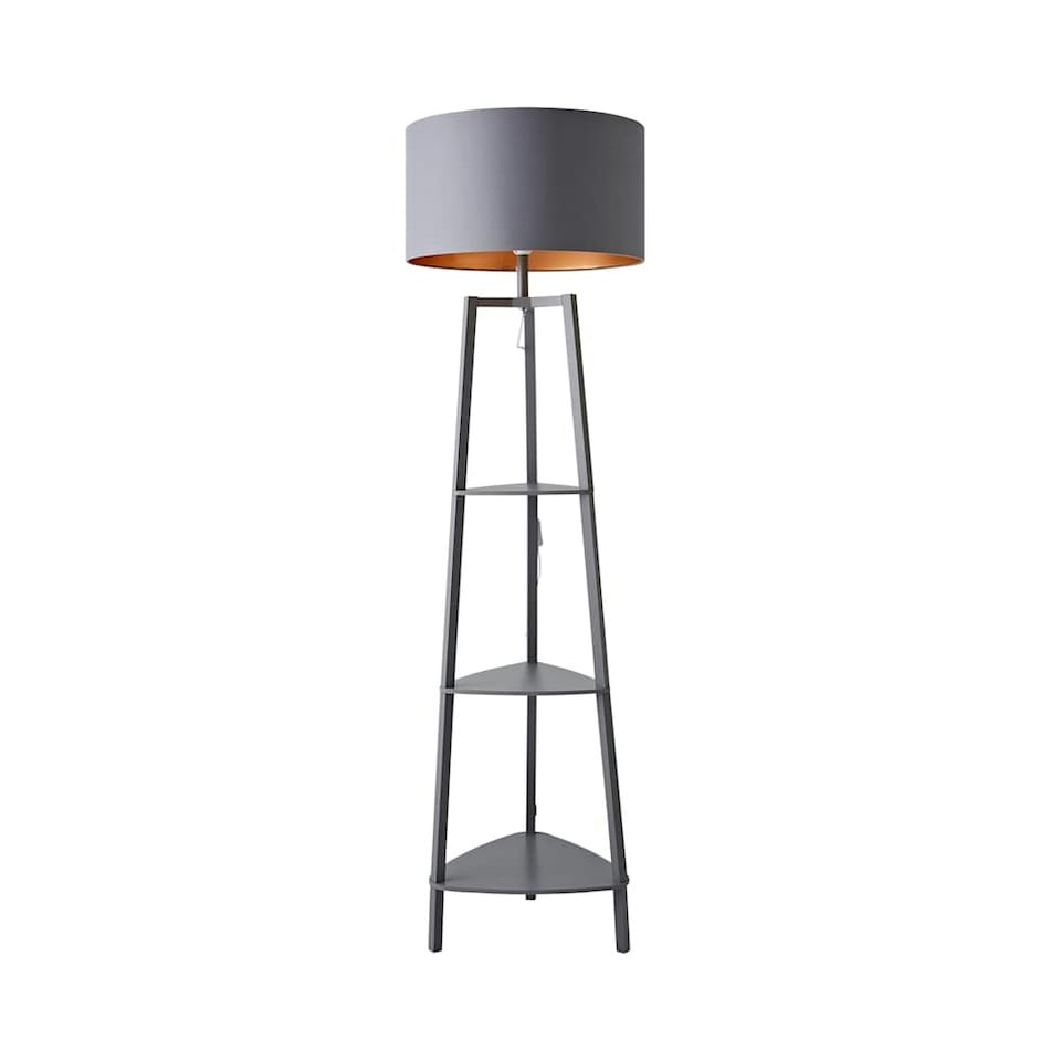 image 1 of ValueLights Hiru Grey 3 Tier Shelf Floor Lamp Grey Copper Shade | Grey
