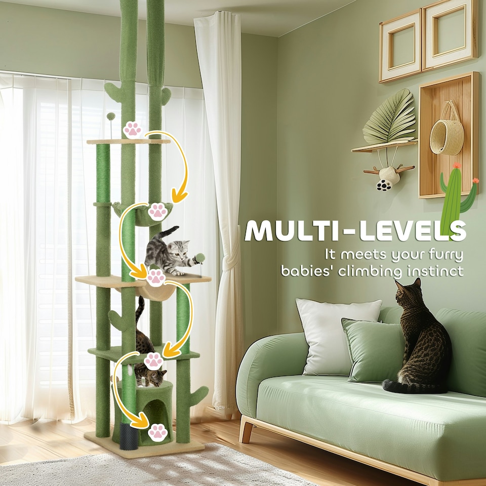 image 1 of PawHut Cat Tower 225-255cm Adjustable with Sisal Posts Hammocks, Green