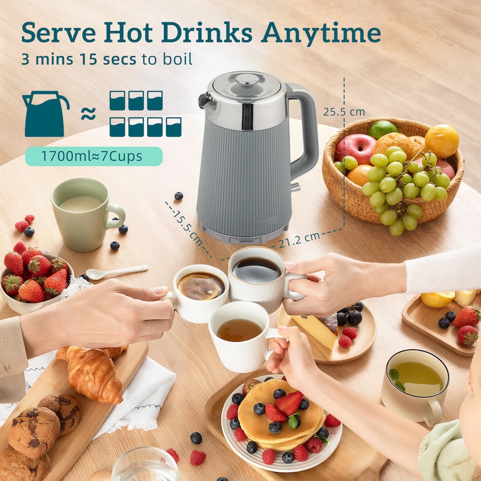 image 1 of HOMCOM Electric Stainless Steel Kettle and Toaster Set, 3000W 1.7L UK Strix Thermostat Fast Boil Kettle w/ Limescale Filter, Cool Touch Body, 4 Slice Toaster with 7 Browning Levels, Crumb Tray, Taupe