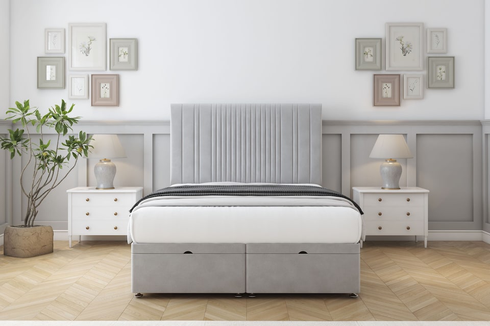 image 1 of Sloomy Kingsley Silver Plush Ottoman Bed With Mattress With 26" Strutted Headboard 4'6 Double