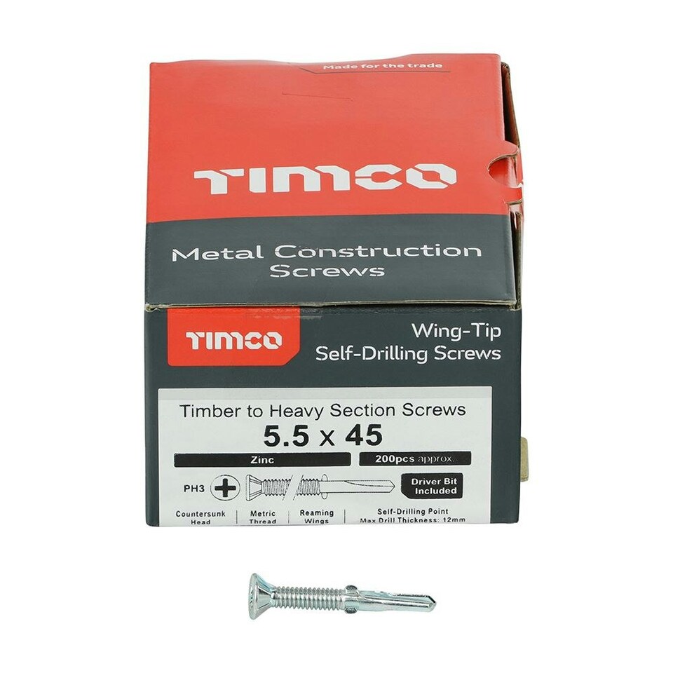 image 1 of Timco - Metal Construction Timber to Heavy Section Screws - Countersunk - Wing-Tip - Self-Drilling - Zinc (Size 5.5 x 45 - 200 Pieces)