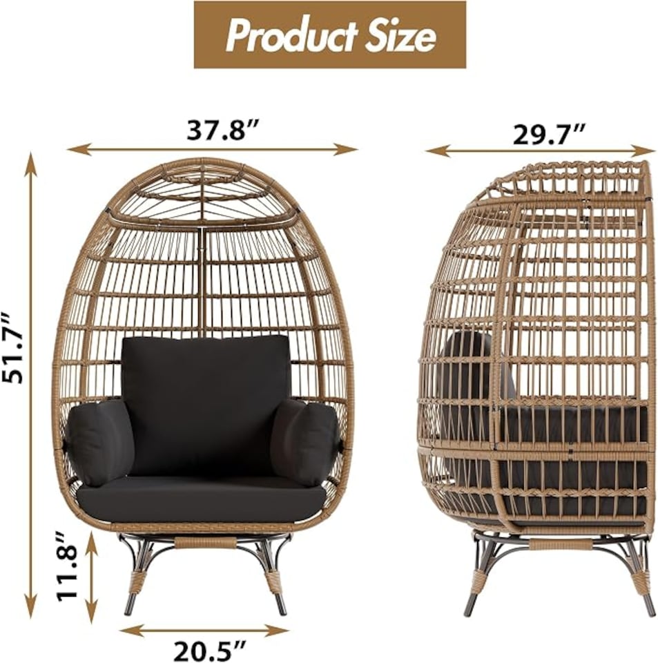 image 1 of London Boutique Oversized Rattan Egg Chair 85x143x95cm - 360° Swivel Patio Lounge Chair with Cushions, All-Weather PE Wicker & 350 lbs Metal Base for Garden, Balcony & Indoor