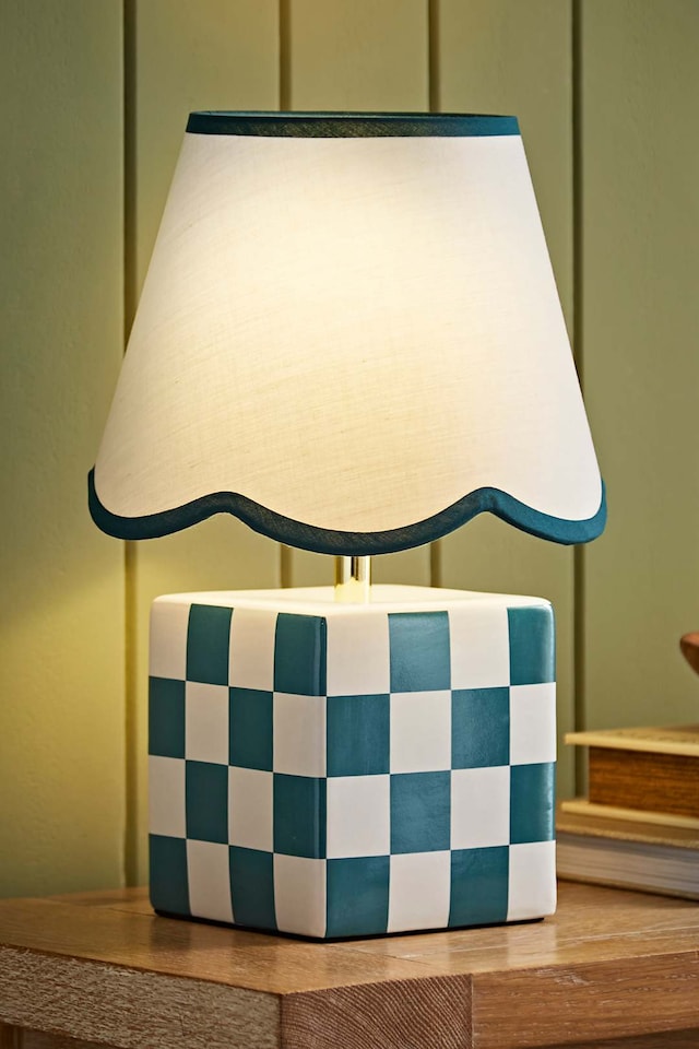 image 1 of ValueLights Evie Pair Ceramic Checker Table Lamp Trim Linen Scallop Shade | Green