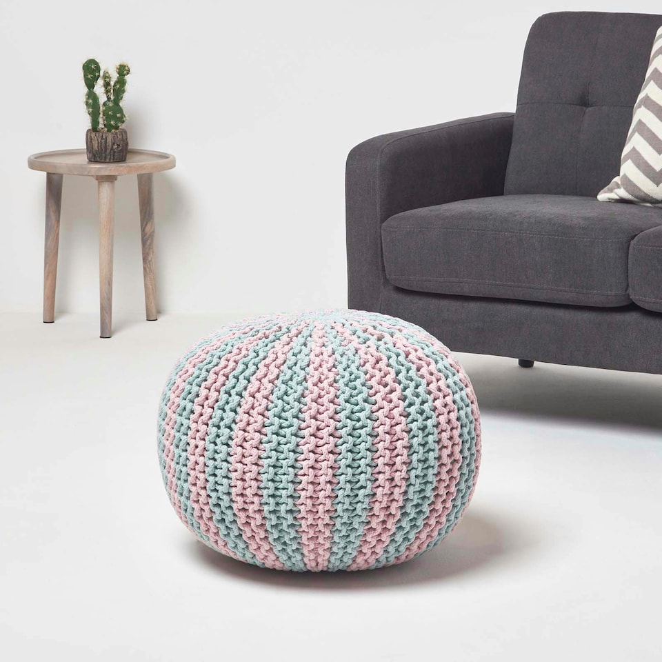 image 1 of Homescapes Pink and Blue Knitted Pouffe Striped Footstool - 35 x 40 cm