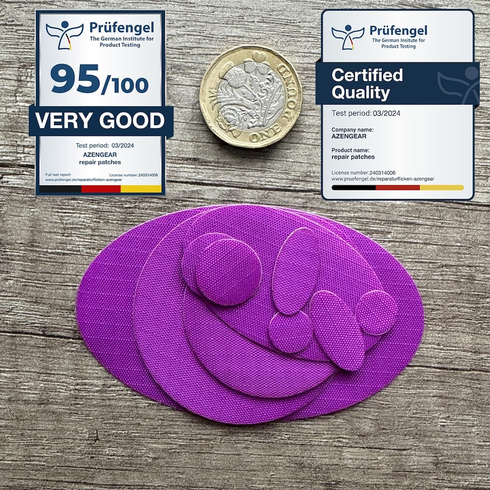 image 1 of aZengear Repair Patches for Jackets, Tent, Gear - Waterproof, Self-Adhesive, Tear-Cold-Heat-Resistant (11 Pieces, Dark Purple)