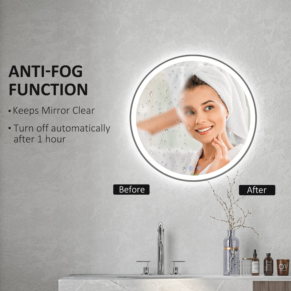 image 1 of kleankin Round Bathroom Mirror with LED Lights, Wall Mount Dimmable Makeup Mirror with 3 Temperature Colours, Defogging Film and Memory Function