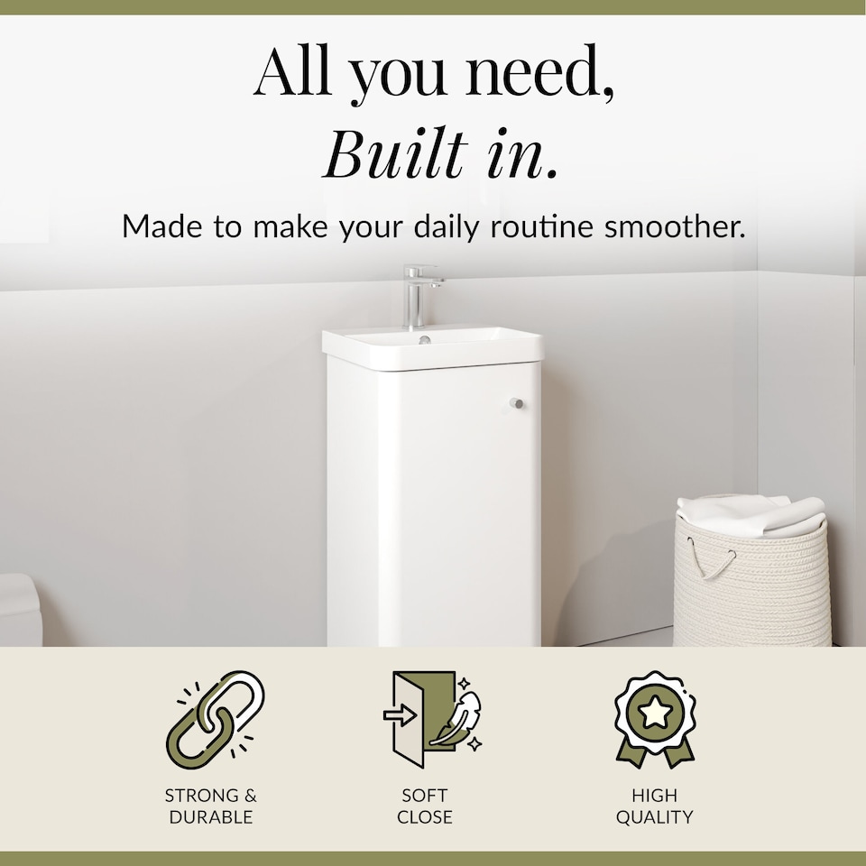 image 1 of Balterley Curve Modern Bathroom Floor Standing 1 Door Vanity Unit Basin | White | Gloss White