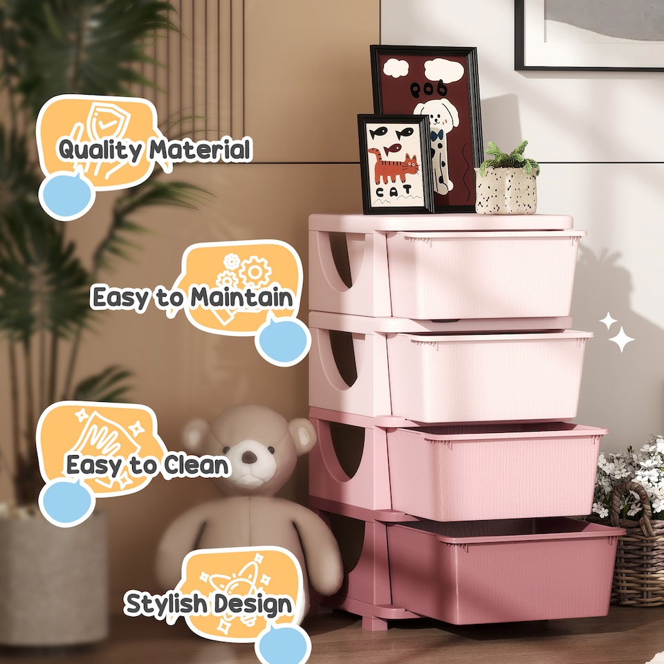 image 1 of HOMCOM 4 Drawers Plastic Storage Units, 4 Tier Kids Storage Units, Children Toy Chest for Nursery, Playroom, Bedroom, Pink | Pink
