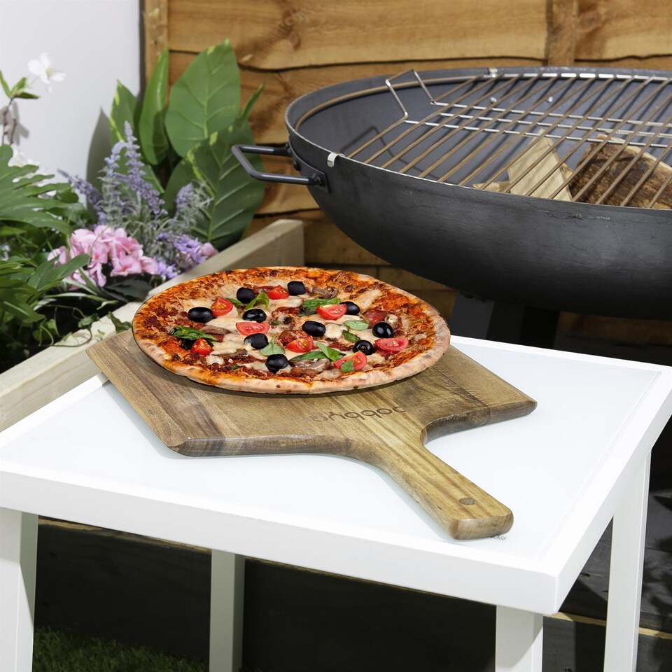 image 1 of BobbyQ 30cm Wooden Pizza Peel - Large Food Board Serving Transfer Platter with Paddle Handle