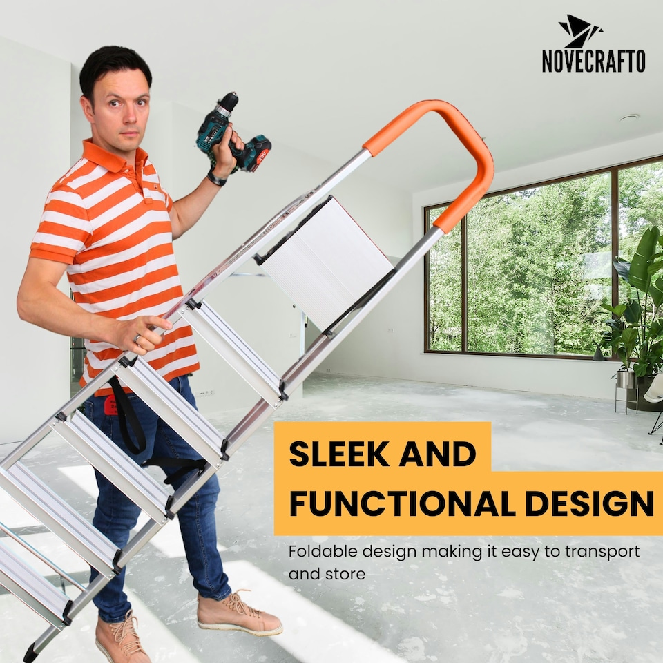 image 1 of Lightweight Step Ladders - Compact Aluminium Stepladder with Non-Slip Wide Step, Portable Silver Color - Tall Folding Ladder with Platform Silver | Orange | 6 - Step 167 cm