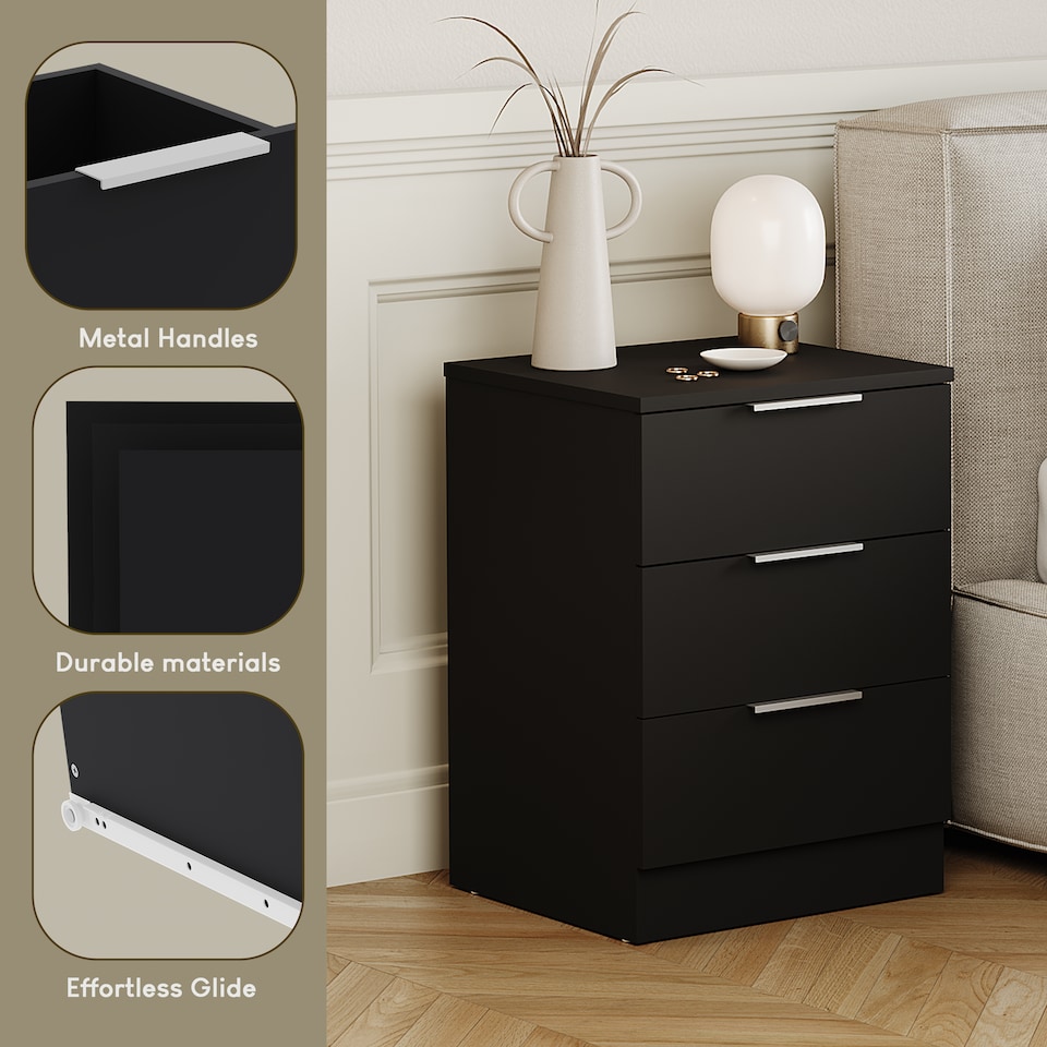image 1 of Vida Designs Trega 3 Drawer Bedside Chest Bedroom Storage Unit, (H) 50cm x (W) 39cm x (D) 28cm, Black