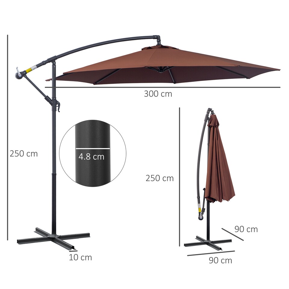 image 1 of Outsunny 3(m) Garden Banana Parasol Hanging Cantilever Umbrella with Crank Handle and Cross Base for Outdoor, Sun Shade, Coffee