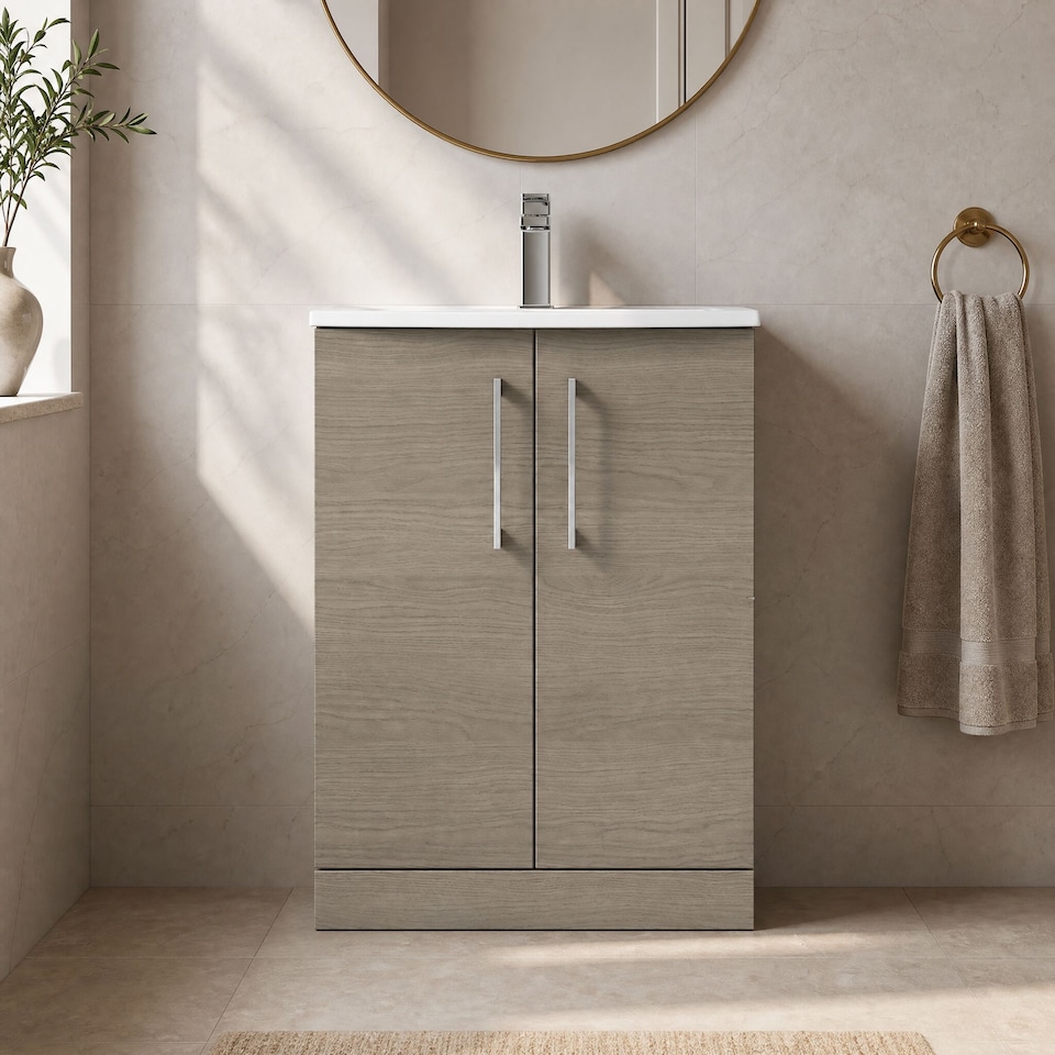 image 1 of Balterley Modern Bathroom Floor Standing 2 Soft Close Door Vanity Unit & Curved Basin | Brown | Solace Oak | 830 x 610 x 440mm