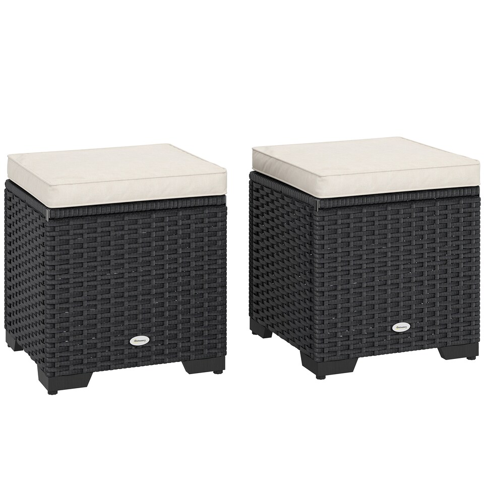 image 1 of Outsunny Set of 2 Rattan Storage Ottoman, Outdoor Footstool with Removable Cushions, Garden Storage Seat for Balcony, Porch, Living Room, Cream White | Cream | 40W x 40D x 40H cm | 1