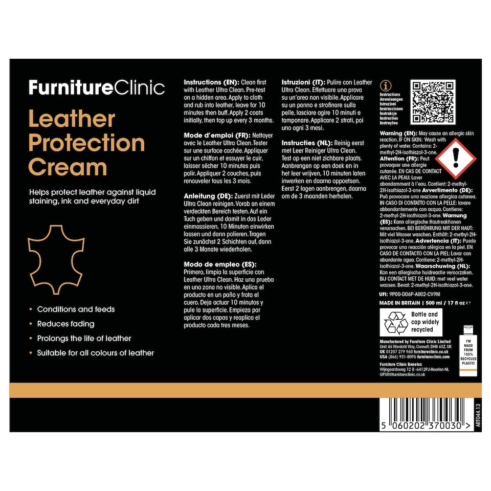 image 1 of Leather Conditioner and Protection Cream - Leather Sofas, Furniture, Car Seats, Shoes, Boots, Bags, Purses | Suitable for Dark or light leather (500ml)