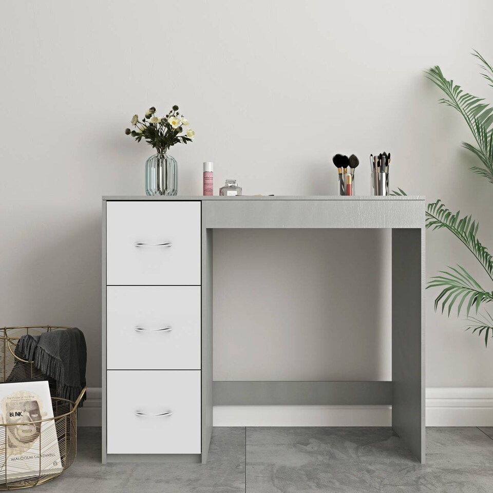 image 1 of 3-Drawer Wooden Desk and Dressing Table - Multi-Functional, 79.5x93x40 cm | Grey | Cool Grey & White | 22.5 x 43.5 x 98.5 | 1