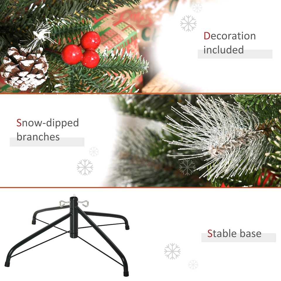 image 1 of HOMCOM 4FT Artificial Snow Dipped Christmas Tree mas Pencil Tree Holiday Home Party Decoration with Foldable Feet Red Berries White Pinecones, Green