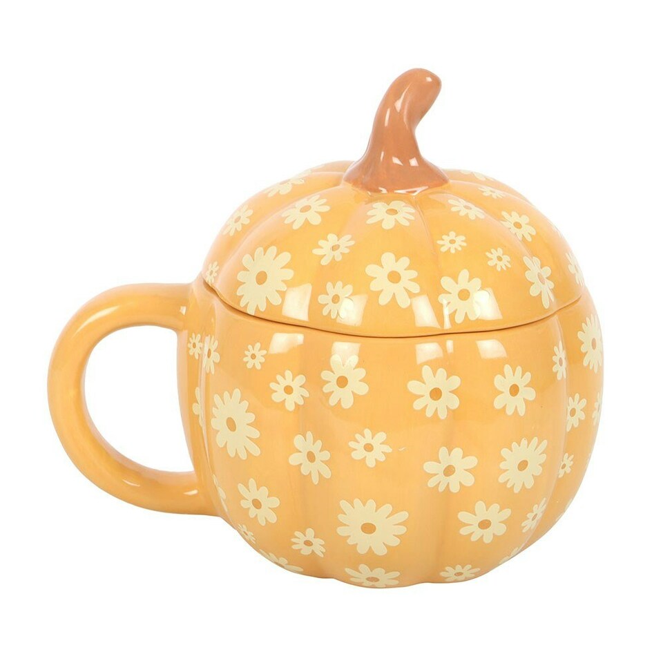 image 1 of Ceramic Groovy Floral Pumpkin Lidded Mug Orange