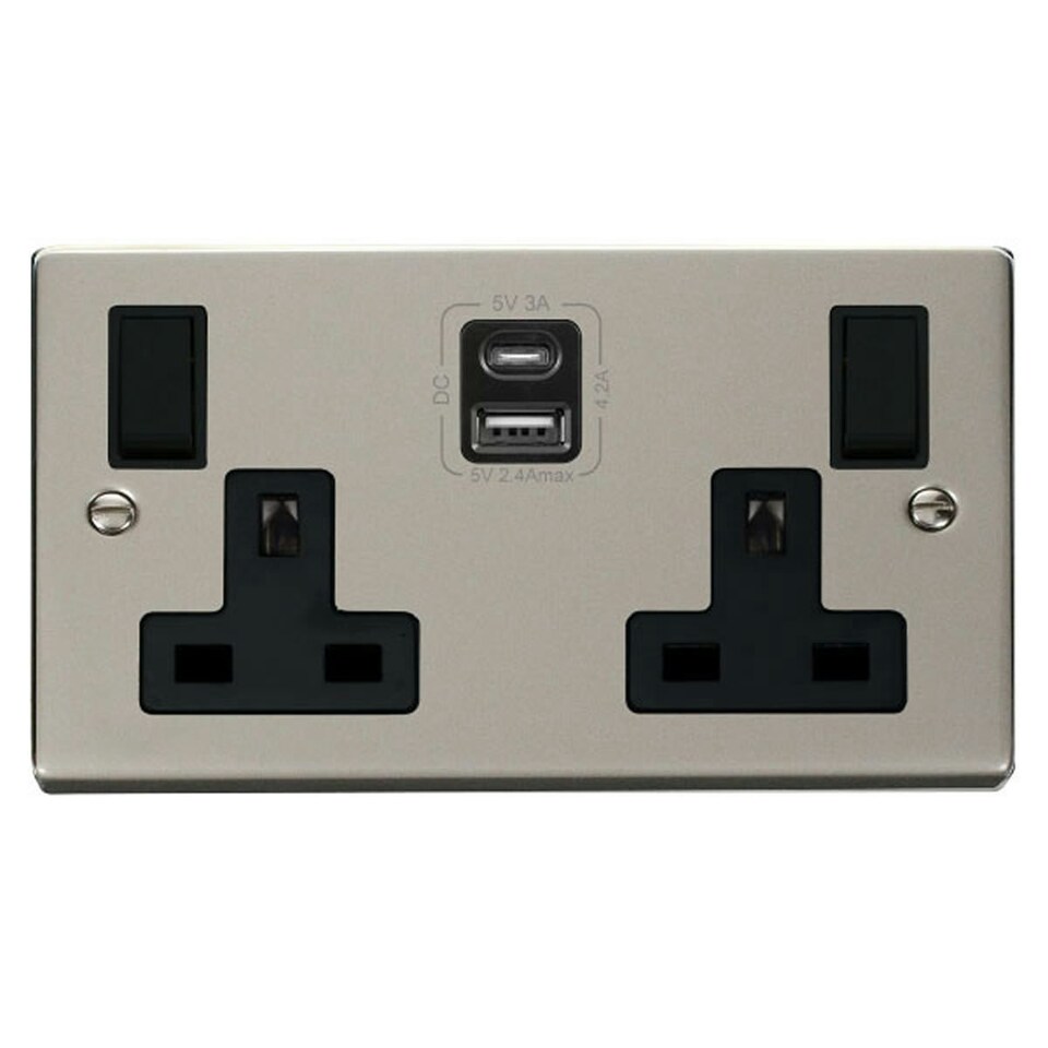 SE HOME Pearl Nickel 2 Gang 13A Type A & C USB Twin Double Switched Plug Socket Black | Pearl Nickel
