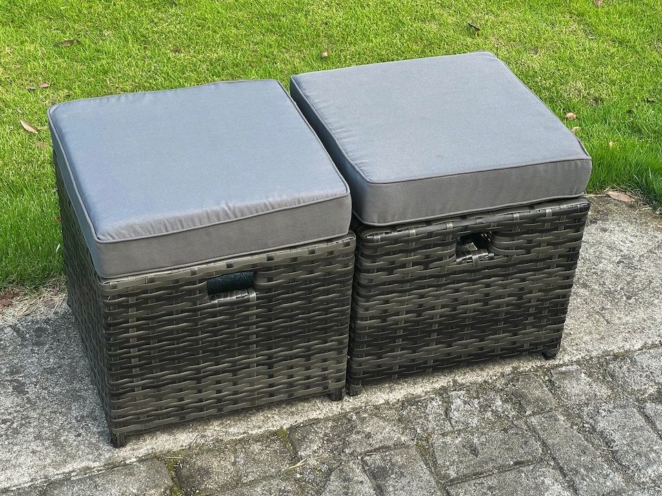image 1 of Fimous Outdoor Lounge Sofa Set Wicker PE Rattan Garden Furniture Set with Rectangular Dining Table 2 Seat Sofa 2 Small Footstools Dark Grey Mixed