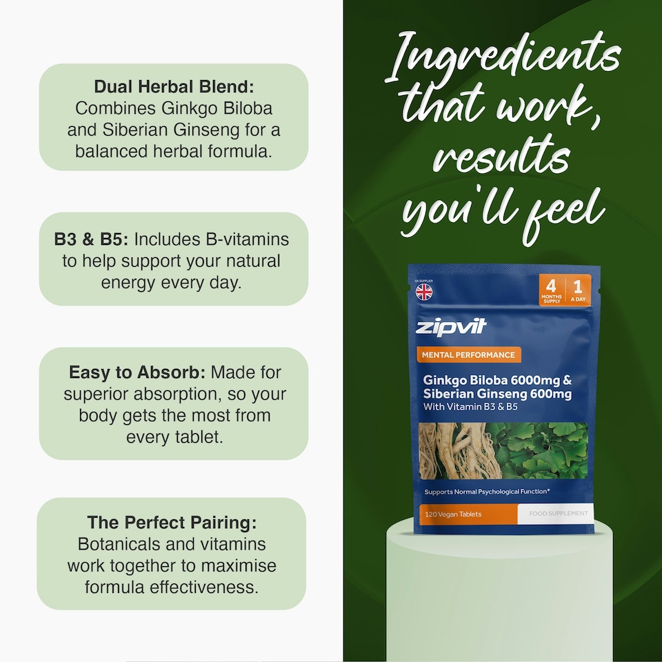 image 1 of Zipvit Ginkgo Biloba 6000mg & Siberian Ginseng 600mg with Vitamin B3 & B5, Energy & Mental Performance, 120 Vegan Tablets, 4-Month Supply