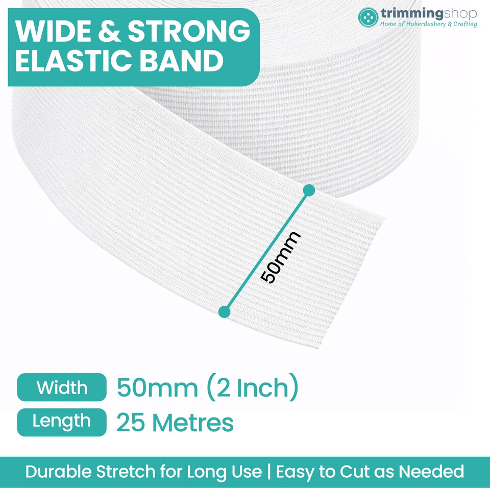 image 1 of 50mm White Wide Flat Elastic Band, Polyester Elastic Cord - 25M