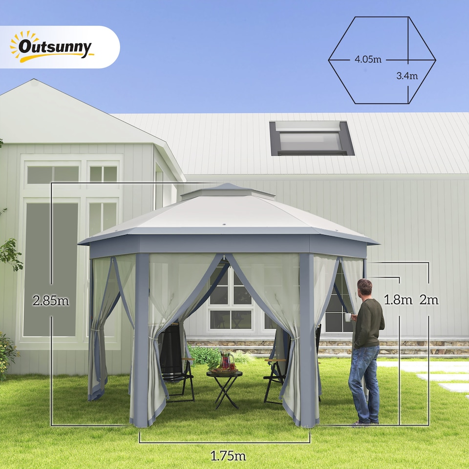image 1 of Outsunny 3 x 4m Garden Gazebo Hexagon Pop Up Gazebo Party Tent Canopy Double Roof Instant Shelter with Netting and Carry Bag for Outdoor Patio, Grey