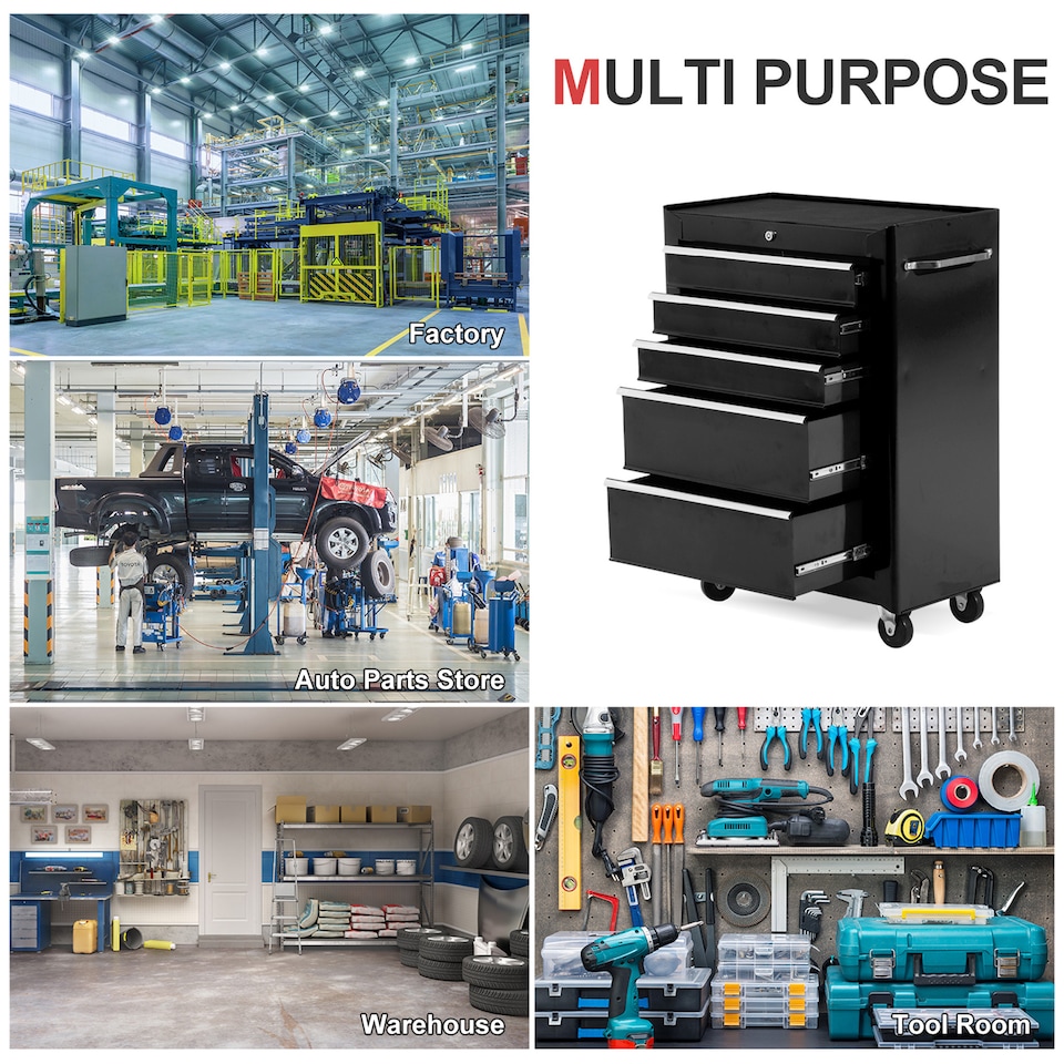 image 1 of HOMCOM 5-Drawer Lockable Steel Tool Storage Cabinet with Wheels Handle 2 Keys Organisation BoUnit Chest Garage DIY Workshop Trolley Black | Black