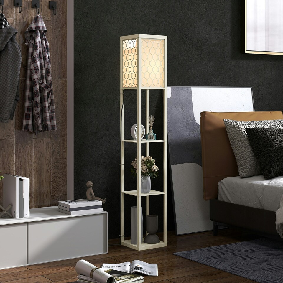 image 1 of HOMCOM Modern Floor Lamp Light with 3 Shelves Fabric Lampshade Oak Yellow