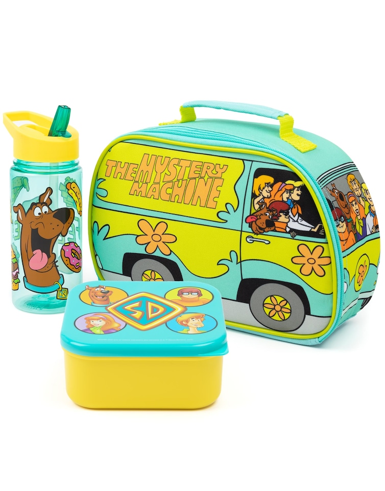 image 1 of Scooby-Doo Kids Lunch Box Set | 3 Piece Blue Mystery Machine Lunch Bag, Bottle and Snack Pot Set | Shaggy, Velma, Fred & Daphne Cartoon Tupperware Complete Matching Bundle | Back to School Gifts