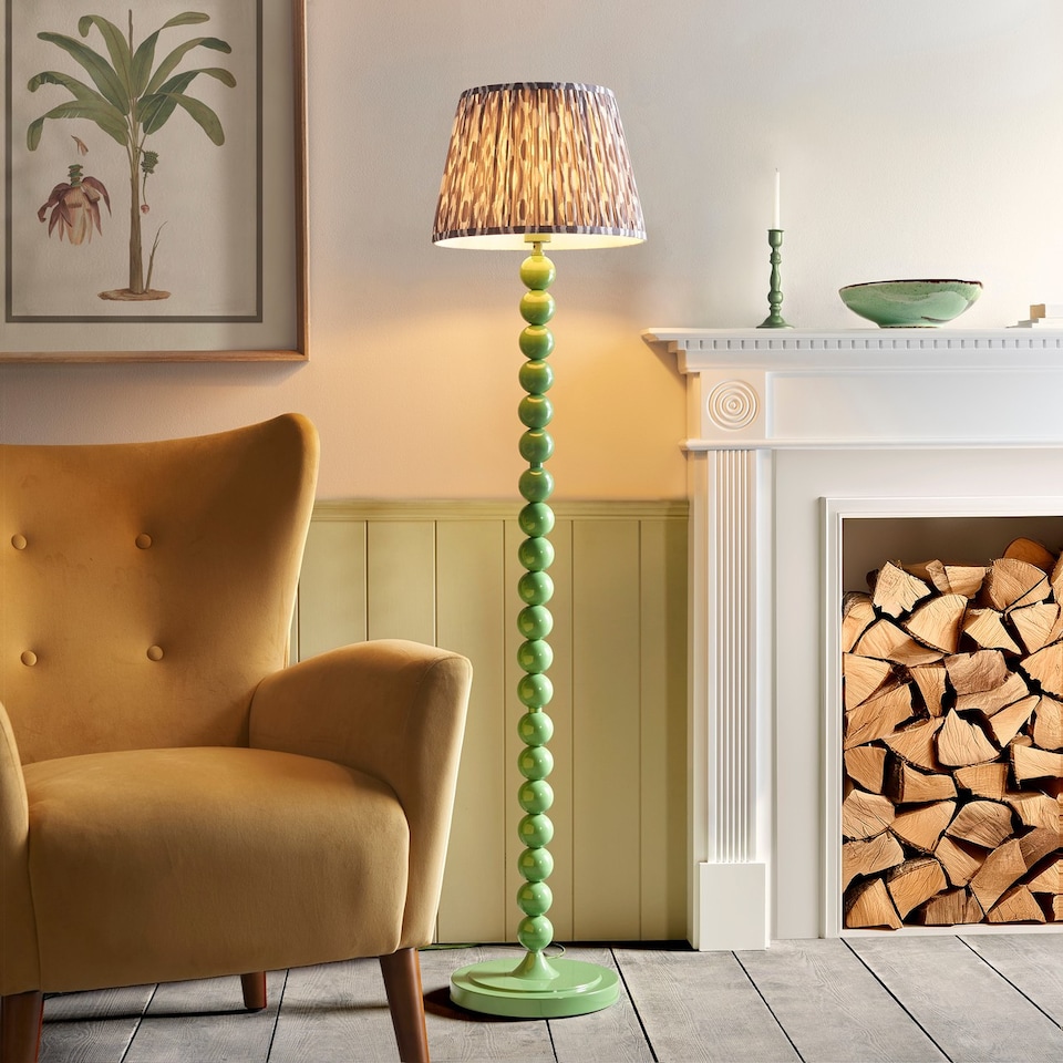 image 1 of Higgledy Gloss Cotswold Green Paint Floor Lamp with Pearl Grey Fabric Ikat Shade 35cm E27