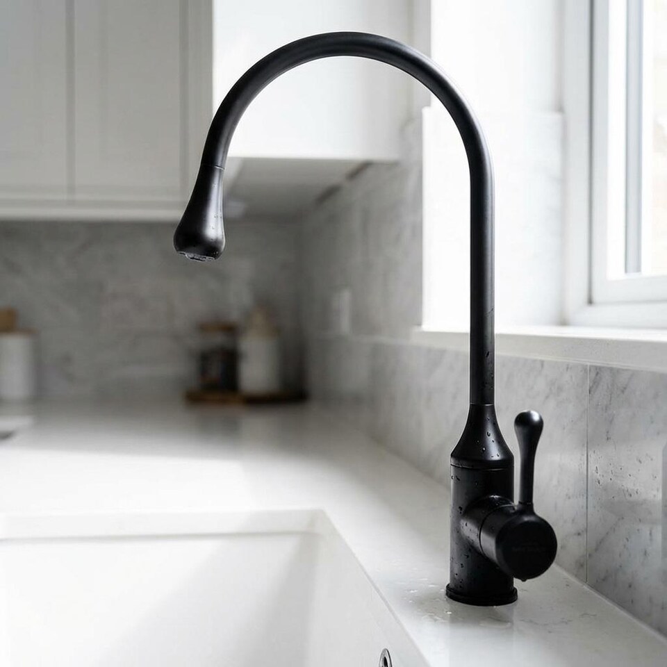 image 1 of Droplet Shape Spout Matte Black Kitchen Sink Mixer Faucet Tall Single Lever Tap