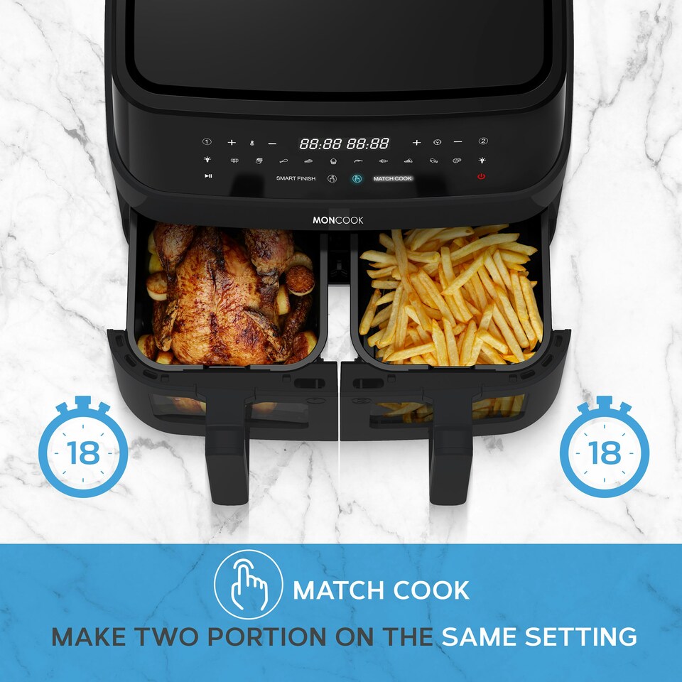 image 1 of MONCOOK Dual Air Fryer - 12 In 1 Dual Airfryer 9L With 2 x 4.5L Baskets - 50 Recipe Cookbook - Digital LED Display - Viewing Glass
