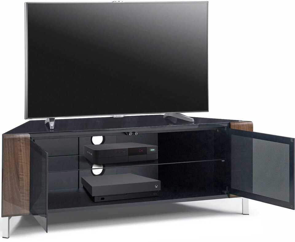 image 1 of MDA Designs CORVUS Corner-Friendly Gloss Black Contemporary Cabinet with Walnut Profiles Black BeamThru Glass Doors Suitable for Flat Screen TVs up to 50" | Multi | 1