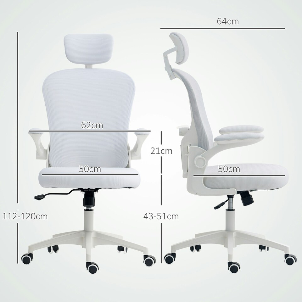 image 1 of Vinsetto Mesh Chair with Headrest, 4D Lumbar Support, Flip-up Arm, White White