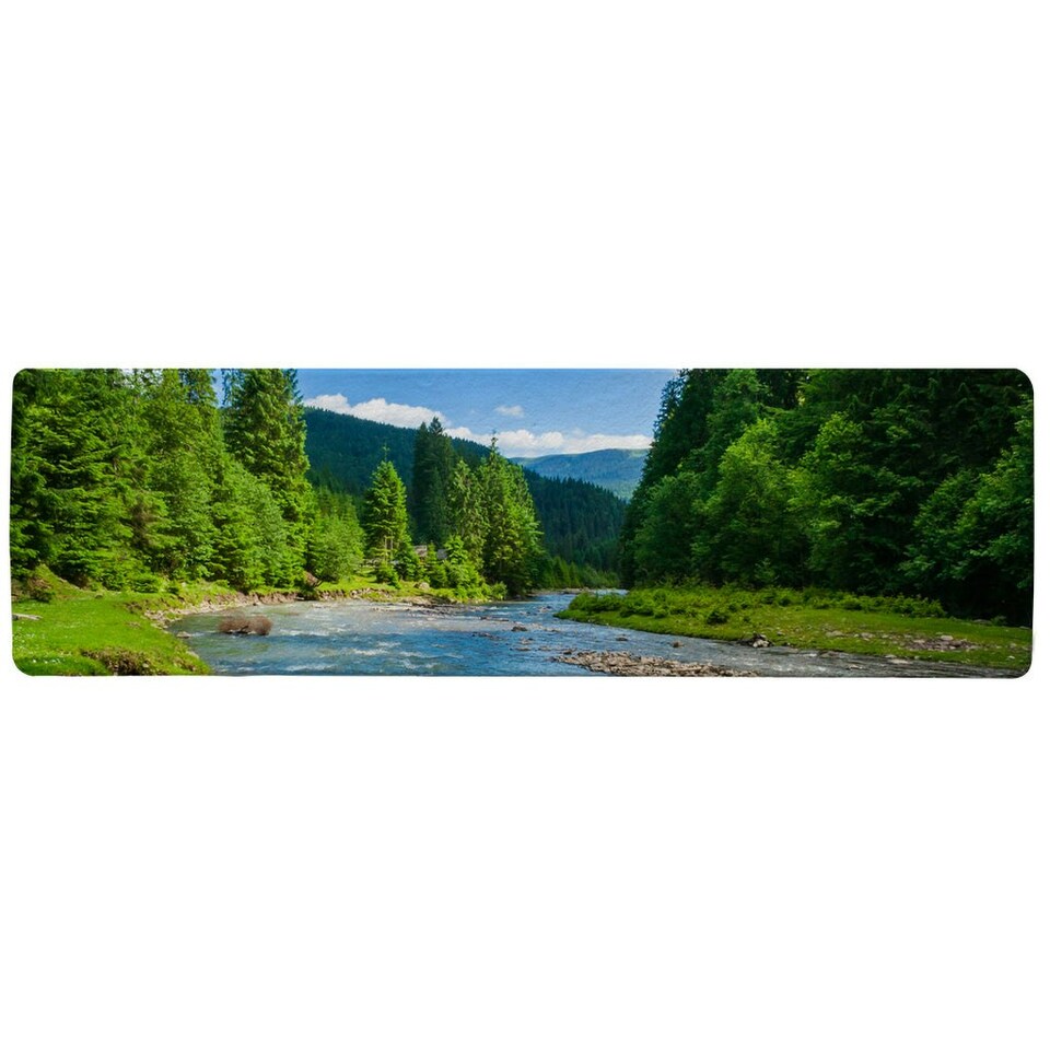 image 1 of landscape with mountains, forest and a river in front. beautiful scenery Designer (Runner Rug)