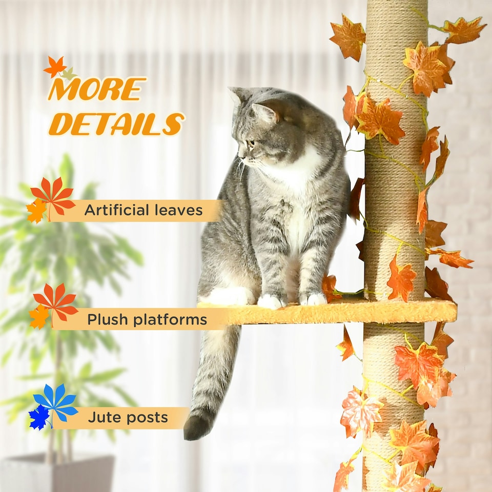 image 1 of PawHut 242cm Floor to Ceiling Cat Tree with Leaves, Scratching Post, Orange